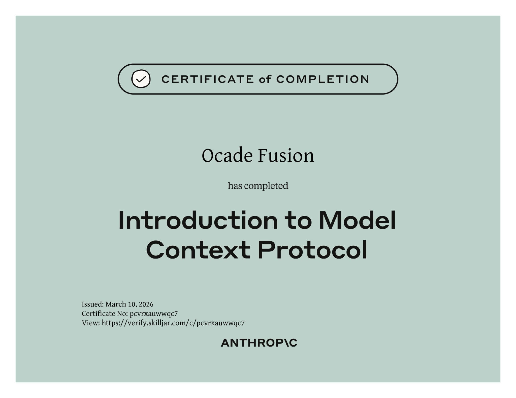 Certificat Introduction to Model Context Protocol - Valentin CHARRIER Ocade Fusion