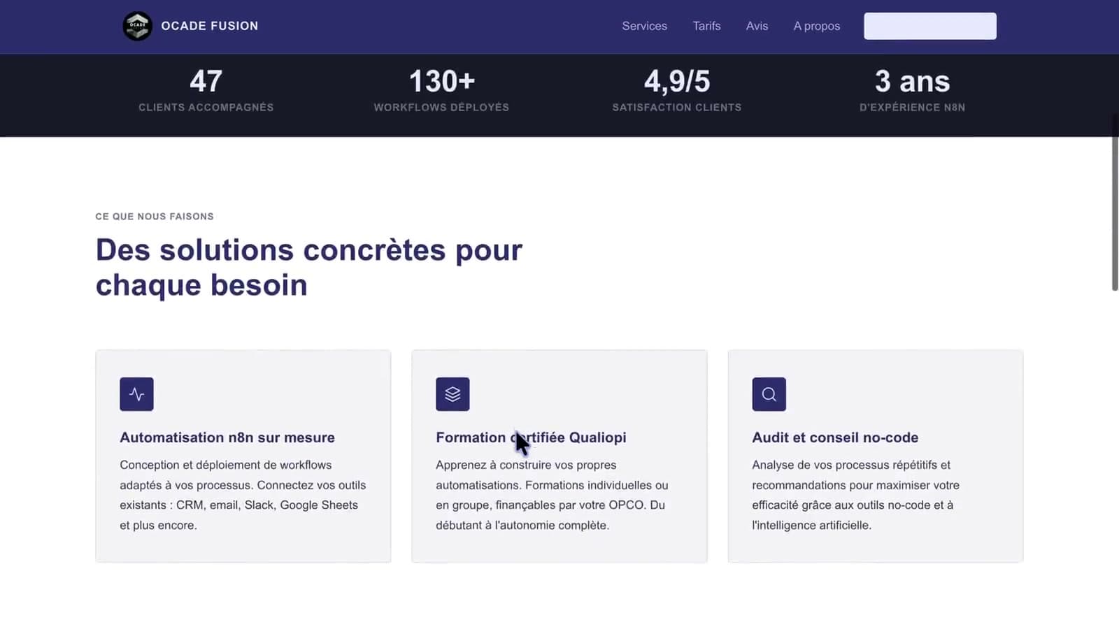 Résultat de la landing page générée par Claude Design pour Ocade Fusion