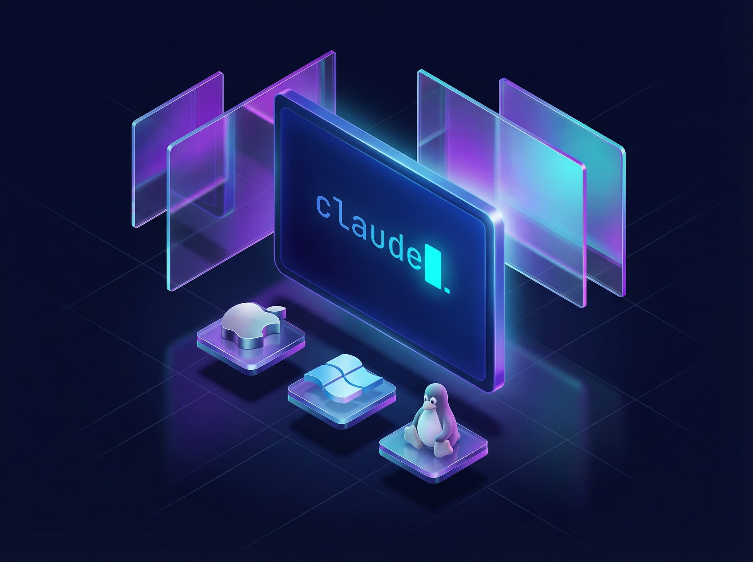 Installation Claude Code CLI sur macOS Linux Windows - terminal isometrique neon