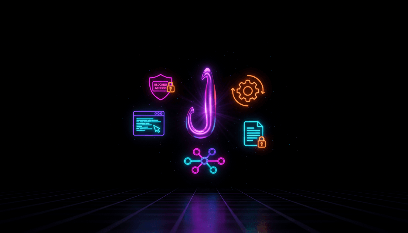 Crochet 3D violet lumineux central entouré d icônes Claude Code (terminal, bouclier, engrenage, fichier verrouillé) sur fond noir, illustration du concept de hook dans Claude Code