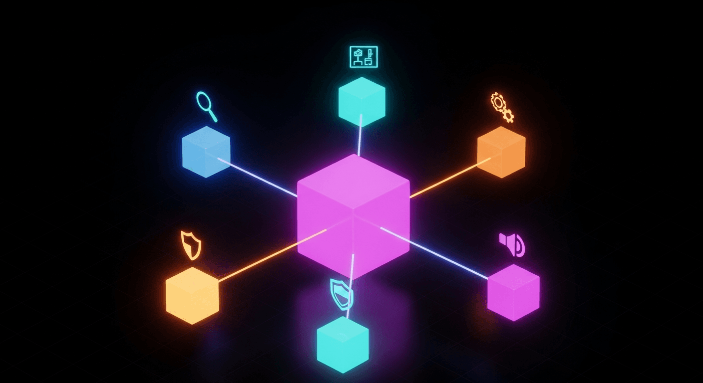 Sous-agents Claude : cube central violet connecté à 5 sous-agents satellites en 3D isométrique néon
