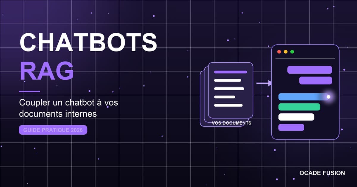 Illustration chatbot RAG : une base documentaire alimente un chatbot qui répond avec des sources, style Ocade Fusion