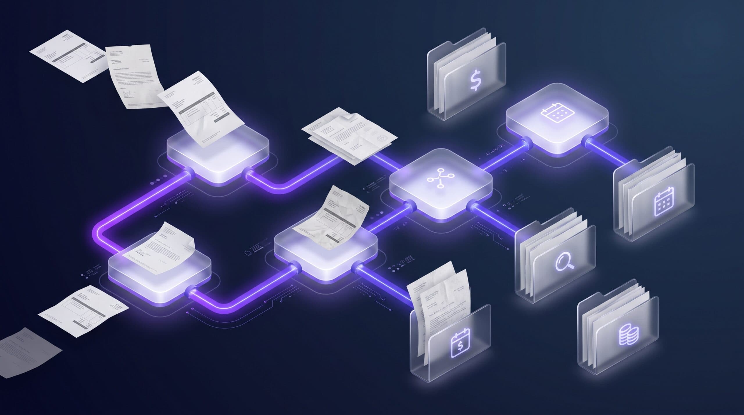 Factures classees automatiquement dans des dossiers via un workflow n8n, pipeline neon violet