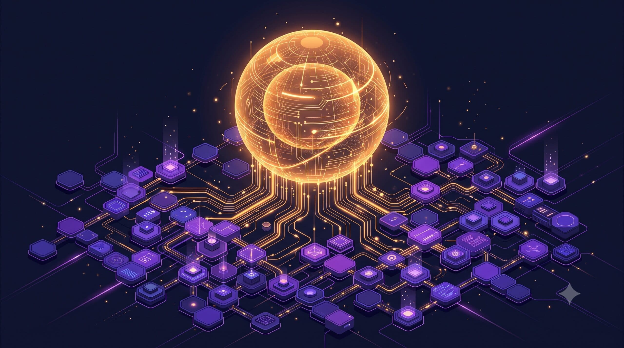Illustration isométrique : le modèle d'IA Kimi K3 représenté par une sphère ambrée géante connectée à des nœuds de workflow n8n hexagonaux violets