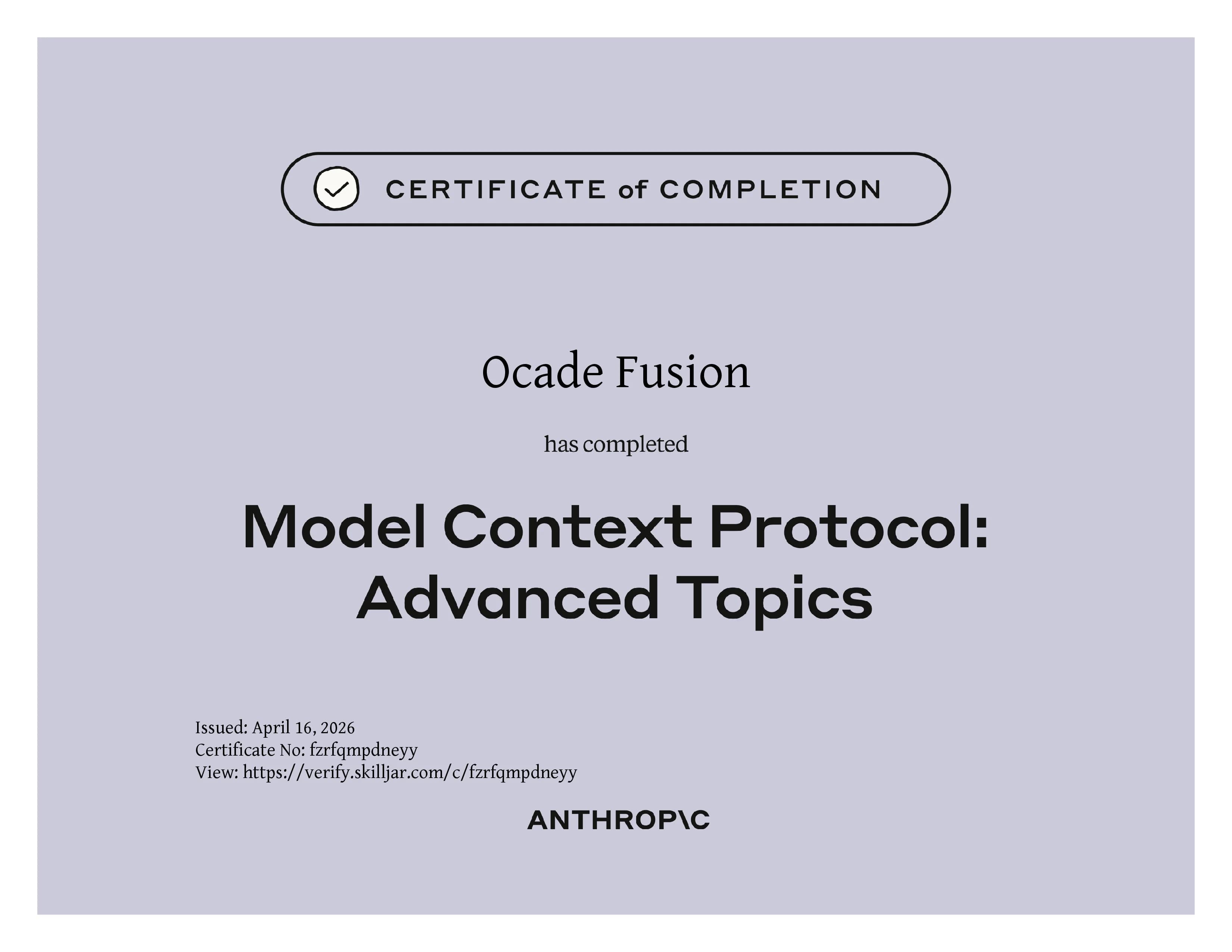 Certificat Model Context Protocol: Advanced Topics - Valentin CHARRIER Ocade Fusion