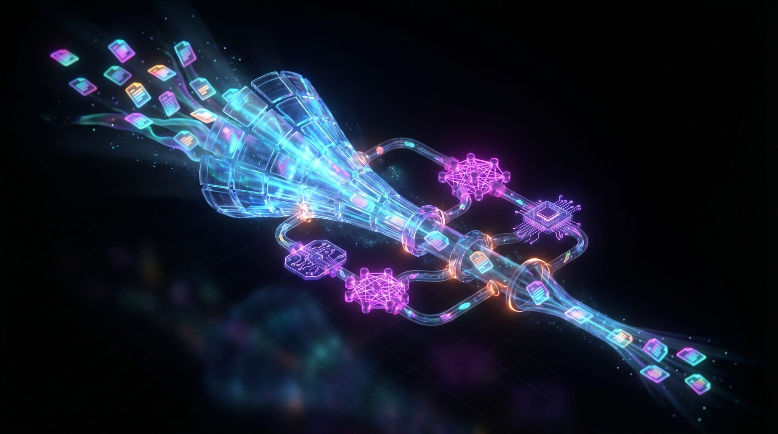 Pipeline de recherche générative montrant des documents filtrés et sélectionnés par des algorithmes IA avec des couleurs néon sur fond noir