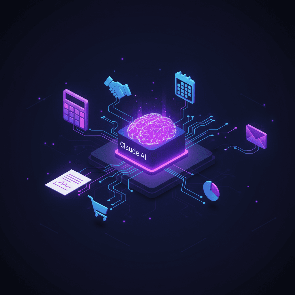 Vue isométrique dark neon montrant Claude AI connecté aux outils métier PME QuickBooks PayPal HubSpot Canva DocuSign Google Workspace Microsoft 365