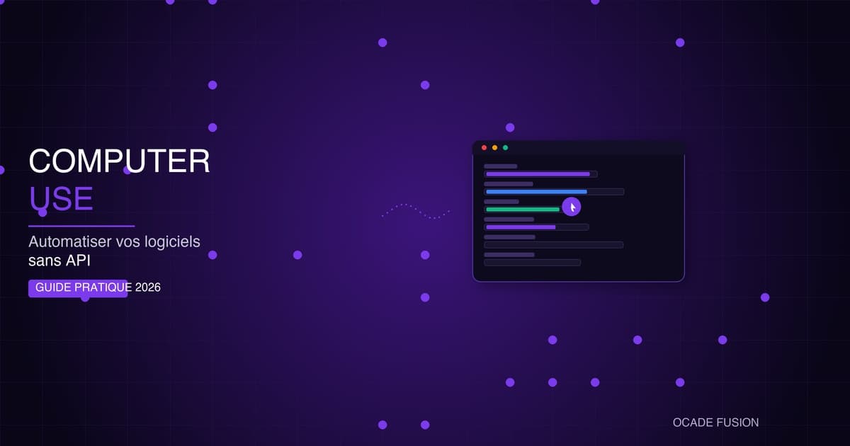 Computer Use : formulaire ERP rempli automatiquement par un curseur IA, style Violet Cipher Ocade Fusion