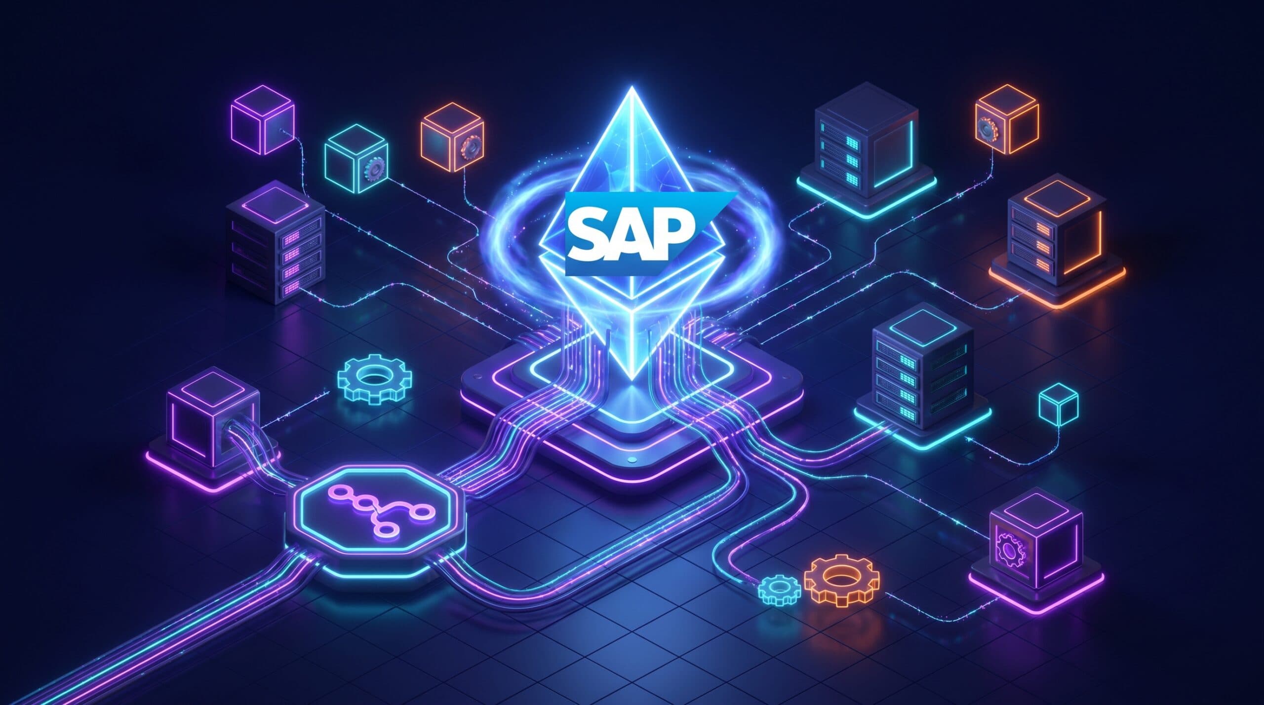 Illustration 3D isométrique neon : logo SAP connecté à des cubes, serveurs et engrenages par des flux de données lumineux violet et cyan sur fond bleu sombre, symbolisant le partenariat SAP et n8n