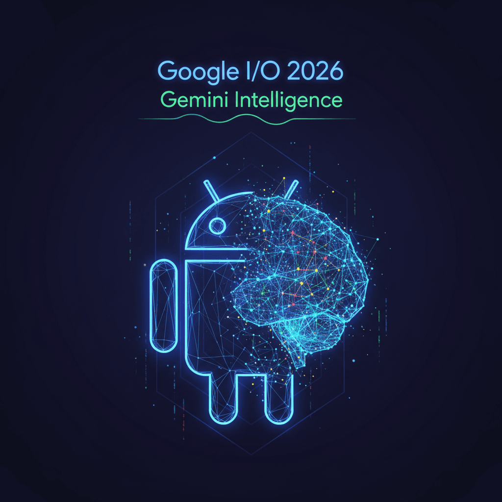Logo Android avec cerveau IA neural et texte Google I/O 2026 Gemini Intelligence sur fond sombre