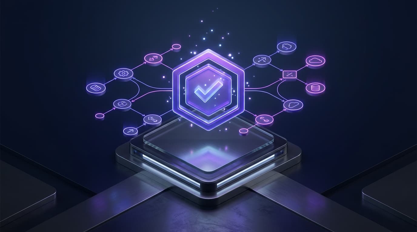 Illustration 3D isométrique néon représentant la certification Expert Partner n8n : badge hexagonal avec coche de validation entouré de noeuds de workflow d'automatisation interconnectés sur fond bleu nuit