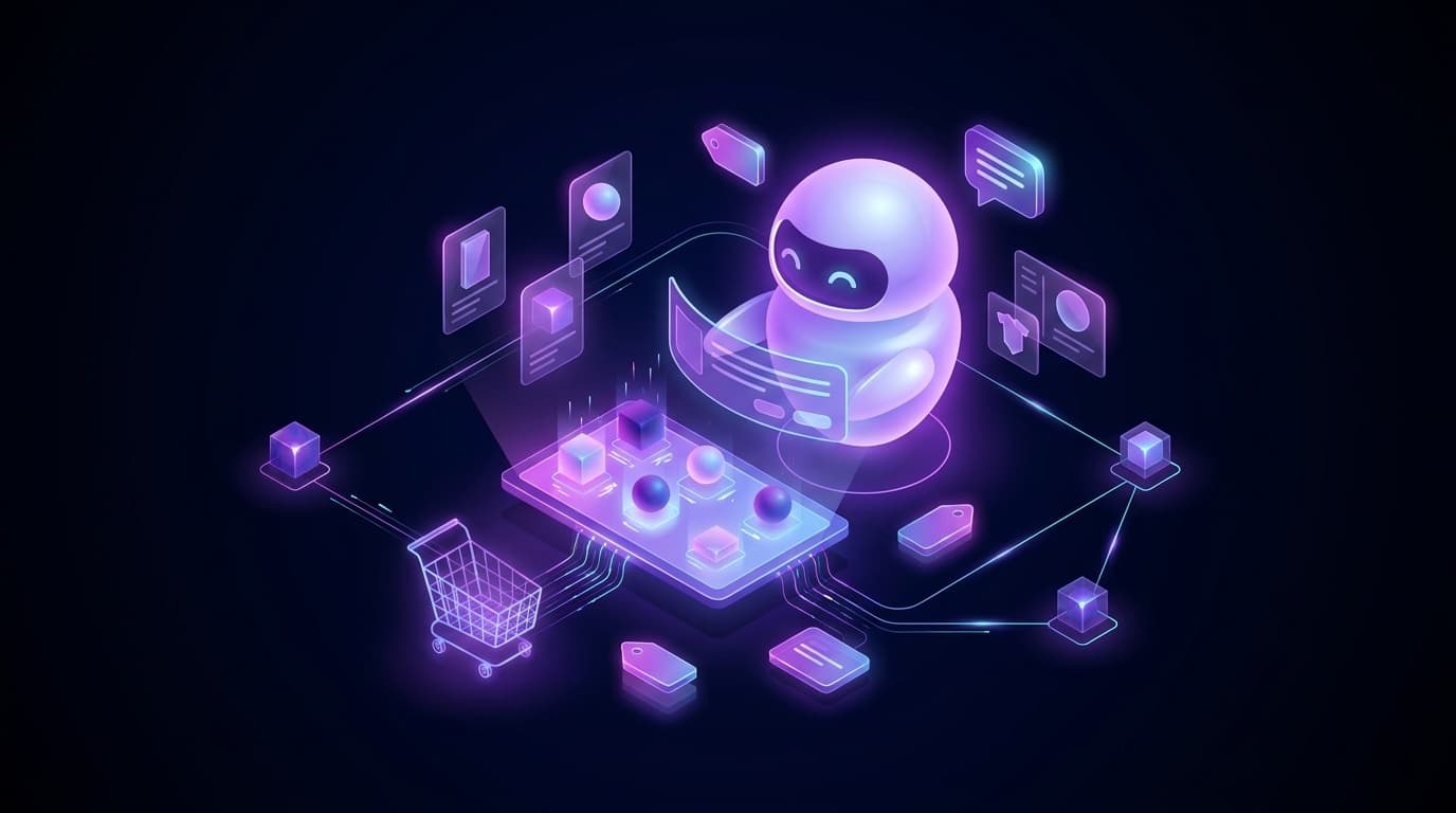 Agent IA effectuant un achat sur une interface e-commerce holographique, illustration du commerce agentique, style isometrique violet