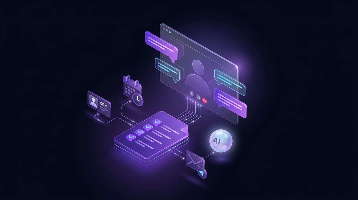 Réunion en visio transformée par l'IA en compte-rendu, tâches et mises à jour CRM, illustration isométrique violet