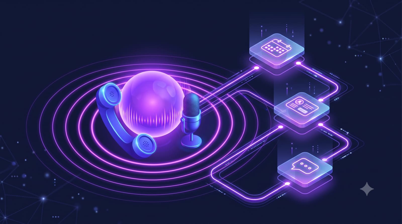 Illustration isometrique d'un agent vocal IA represente par une sphere violette emettant des ondes sonores, relie a des noeuds hexagonaux d'un workflow n8n (agenda, CRM, messagerie), sur fond bleu nuit.