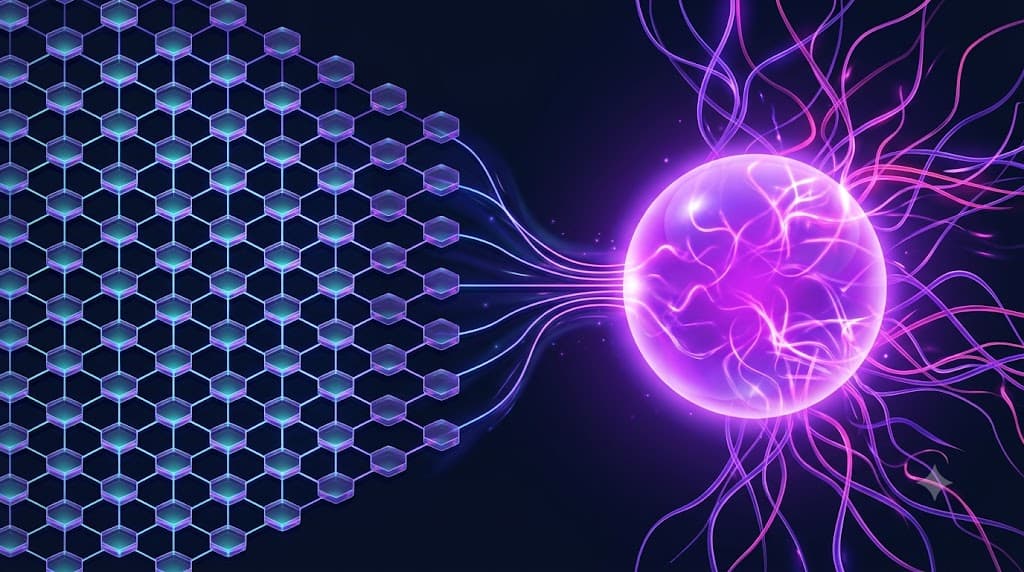 Illustration isometrique opposant un workflow deterministe, pipelines verts ordonnes et alignes a gauche, a un agent IA autonome, reseau orange enchevetre et imprevisible a droite, relies par une bifurcation, sur fond sombre a neons.