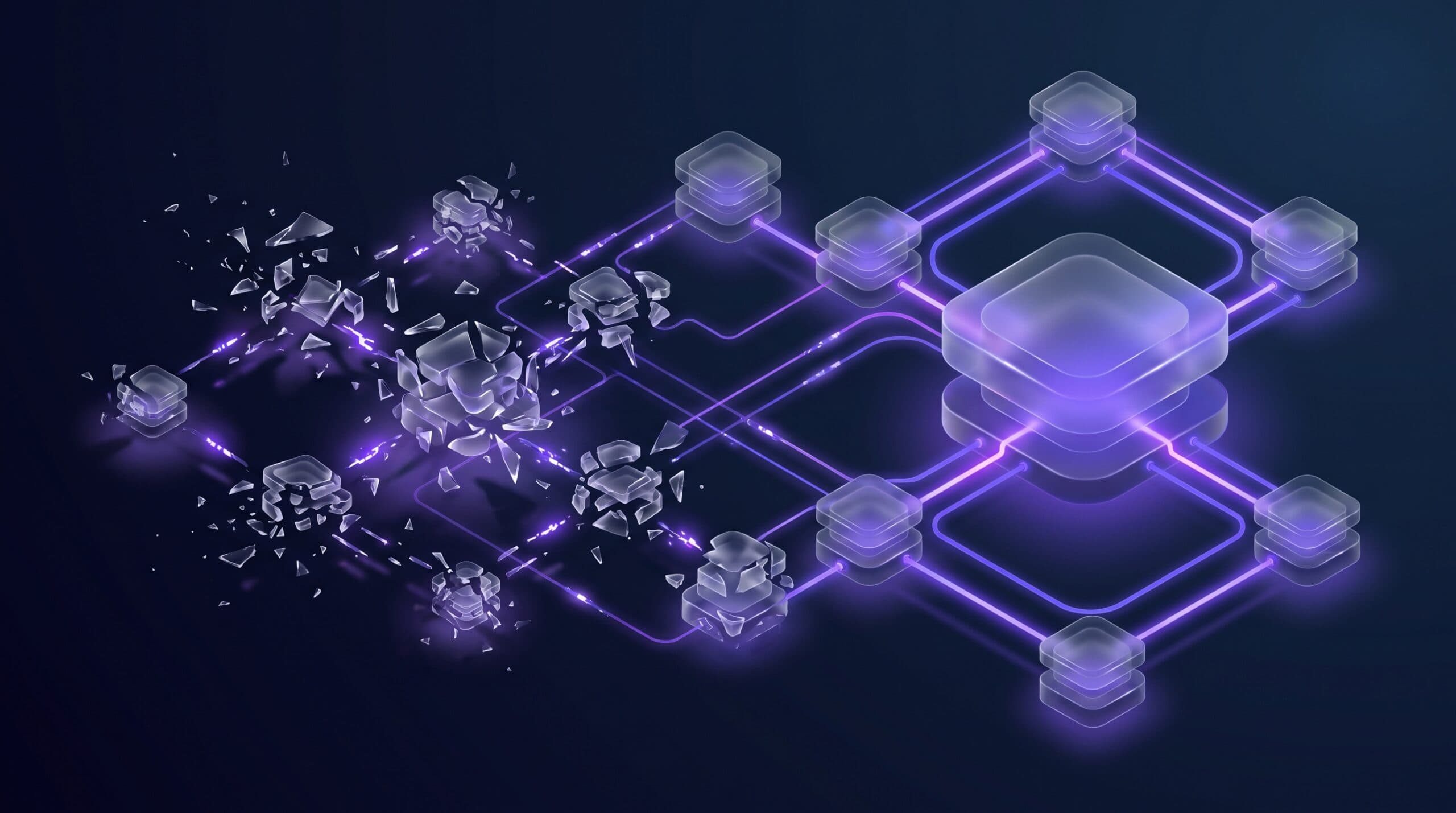 Illustration isometrique d'agents IA autonomes : micro-agents fragmentes face a un agent structure, fond sombre neon violet