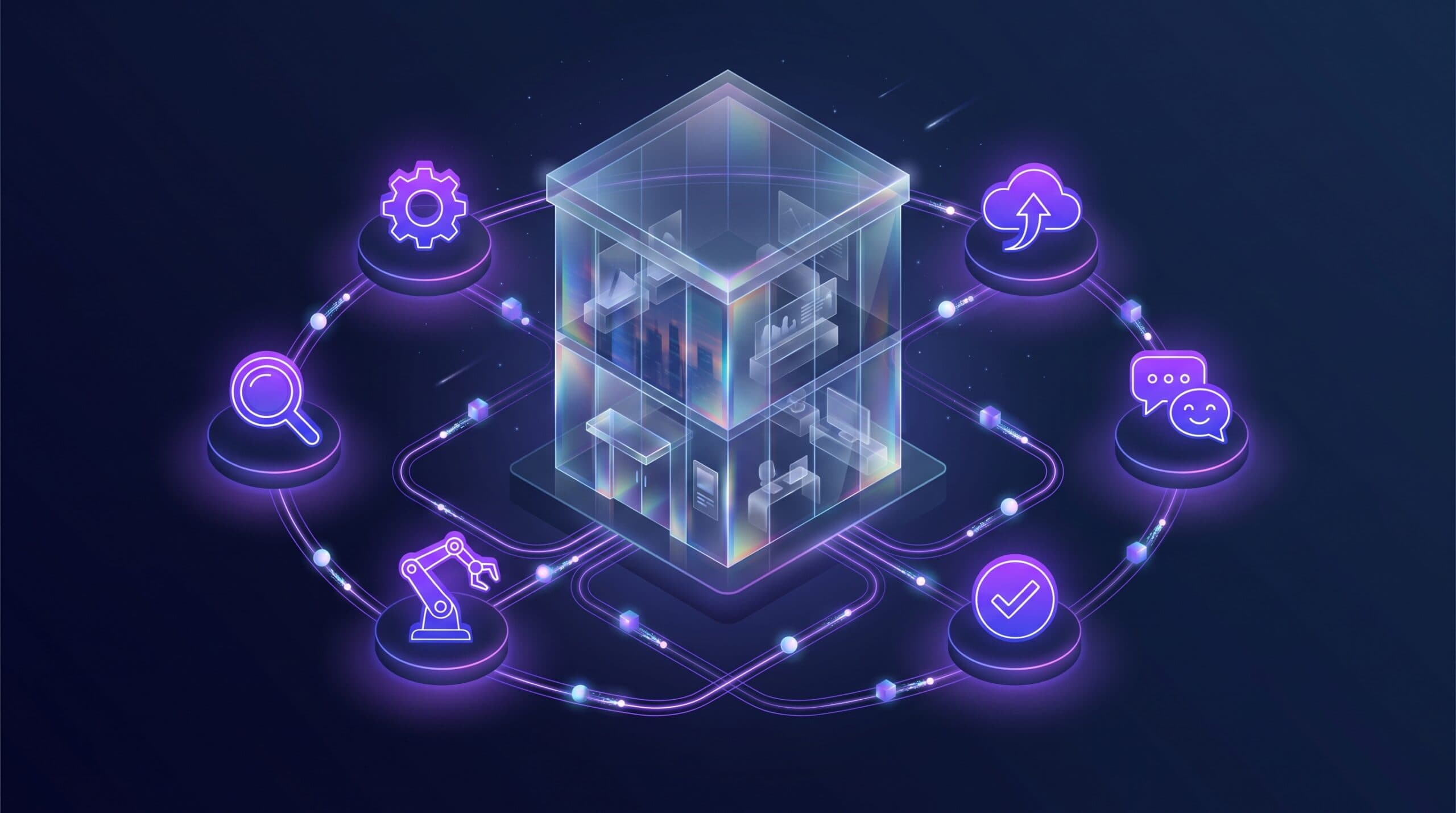 Commerce vitre entoure de noeuds d'automatisation IA (engrenages, chatbot, bras robotise), workflows Claude pour PME