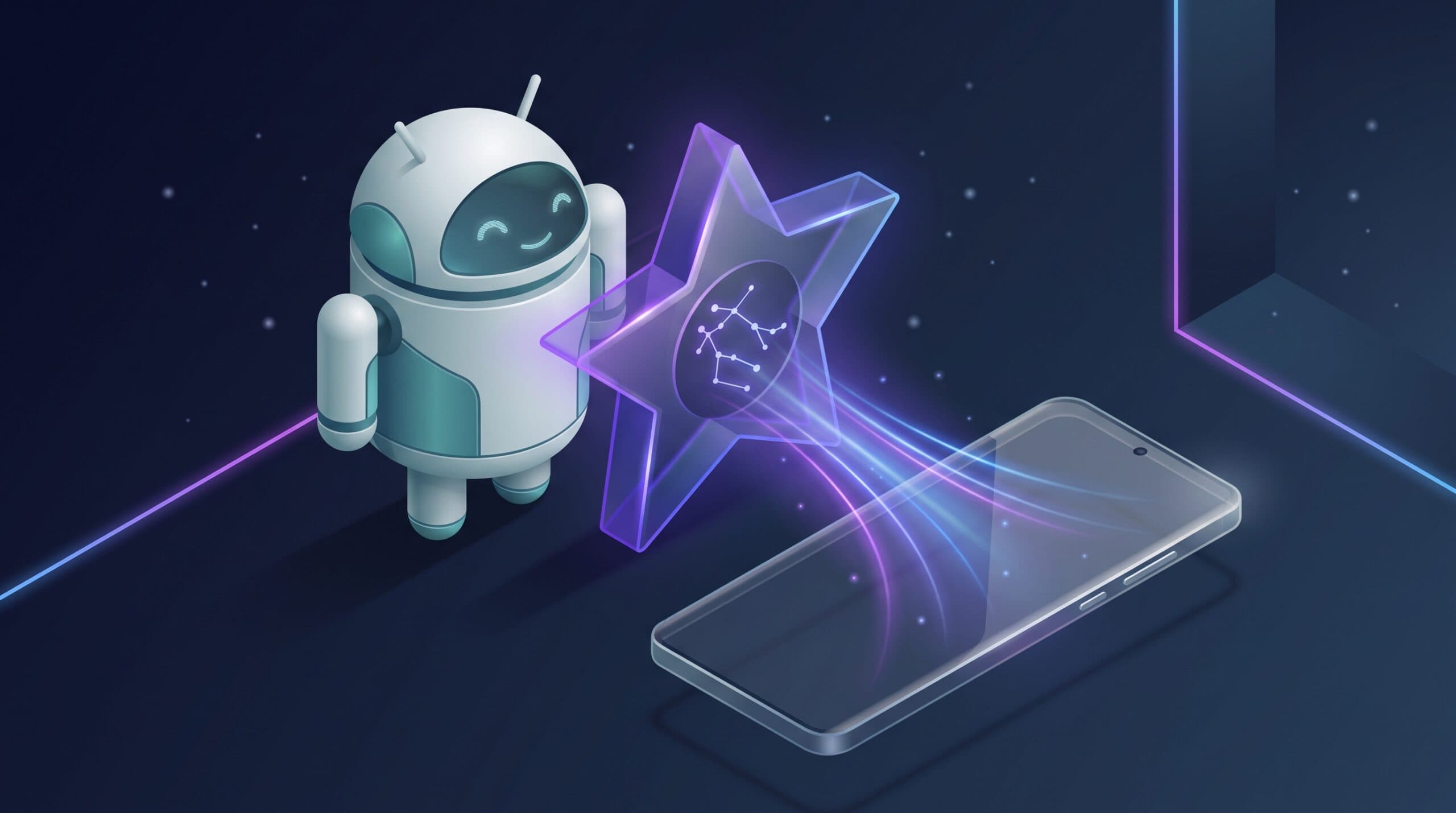 Robot Android et etoile Gemini diffusant l'intelligence artificielle vers un smartphone, illustration Google I/O 2026