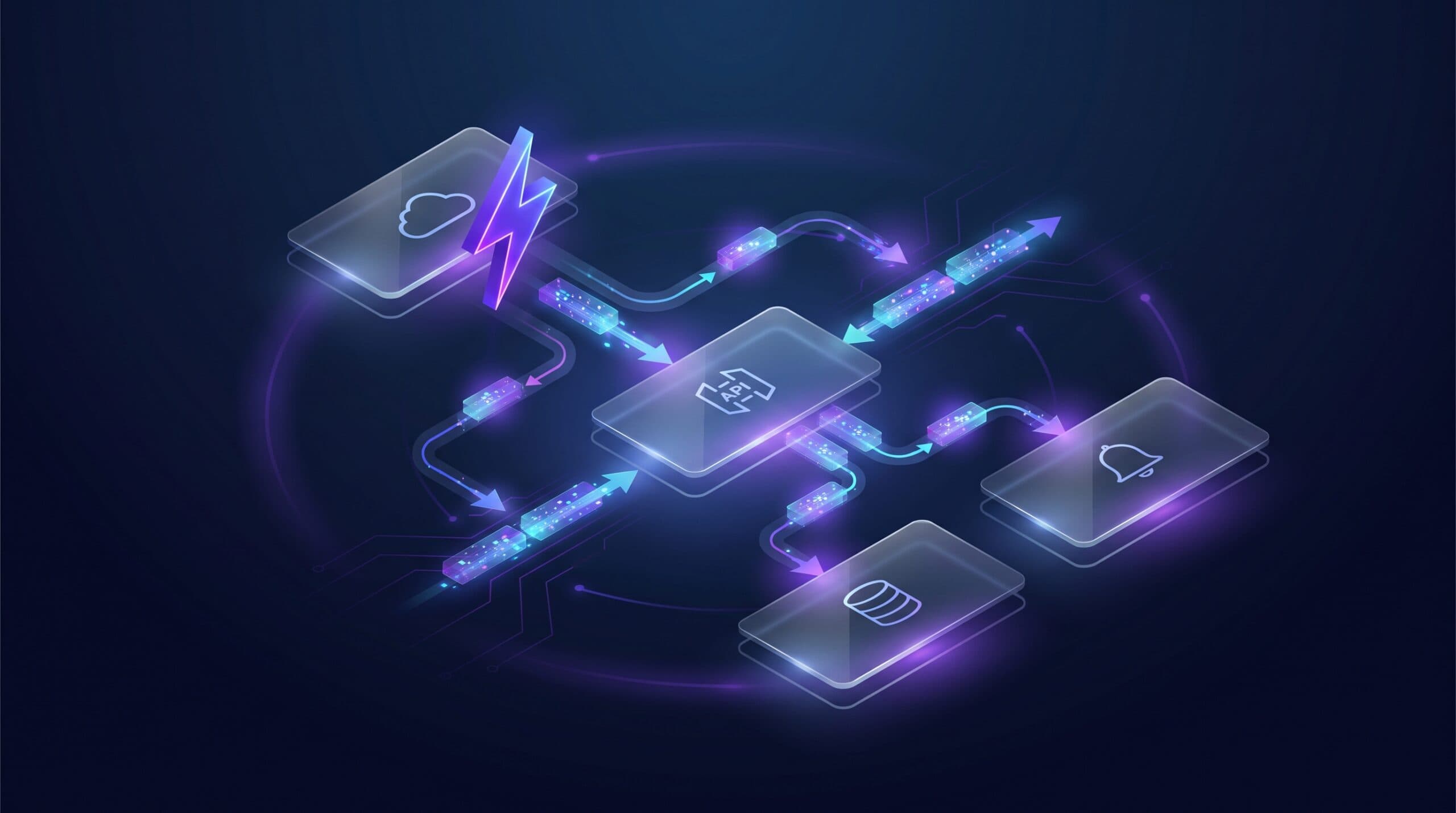 Diagramme isometrique de webhooks : declencheur eclair et payloads circulant entre services via une API