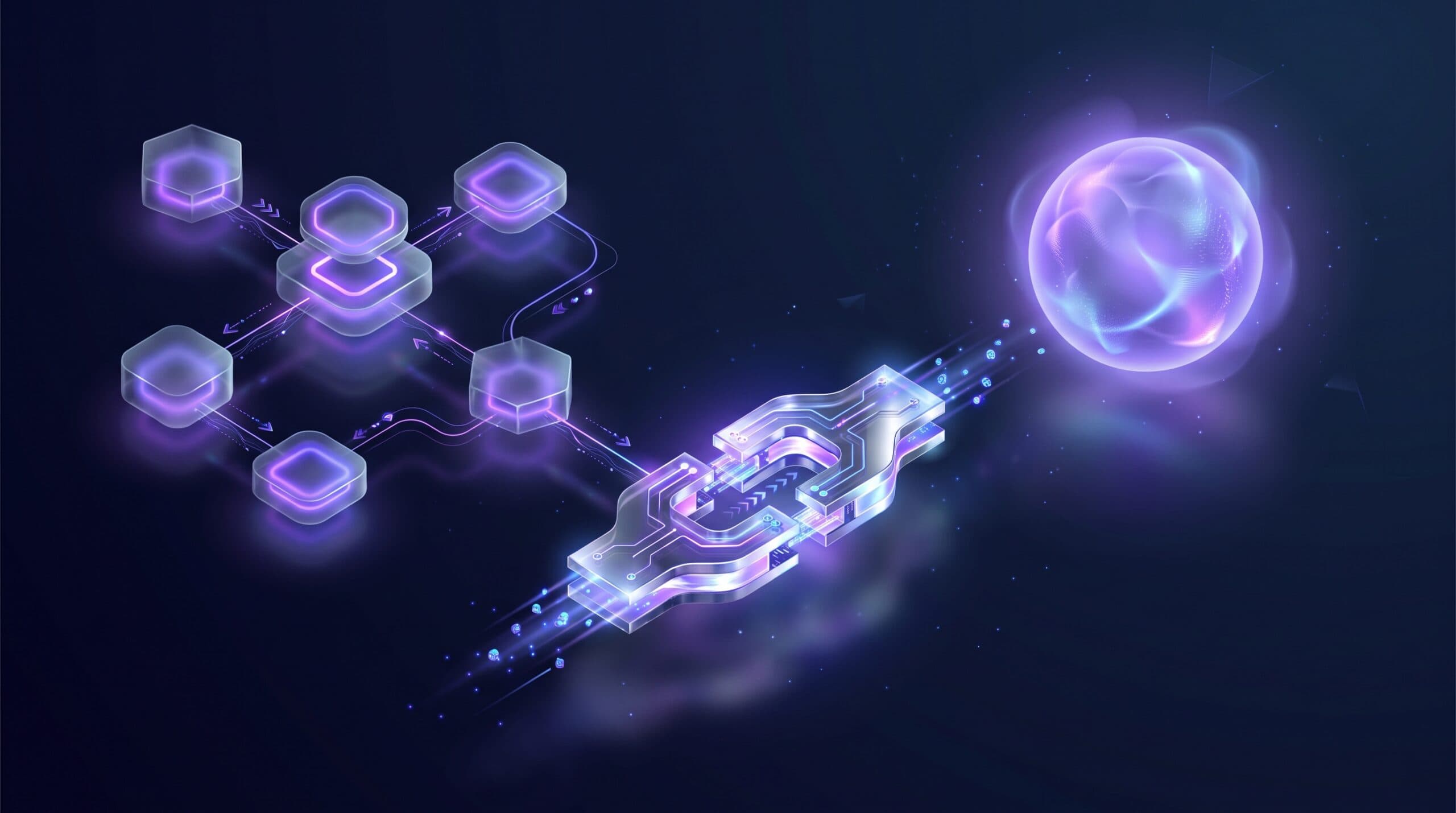 Noeuds de workflow n8n relies a un assistant IA via le connecteur Model Context Protocol (MCP), illustration neon violet