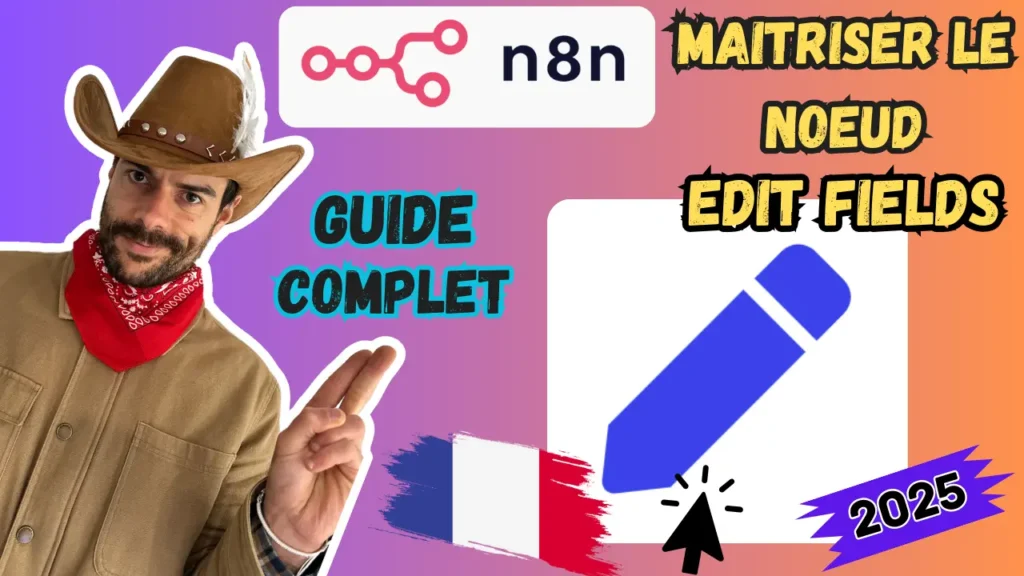 Guide n8n : maîtriser le nœud Edit Fields, tutoriel en français avec visuel de cow-boy