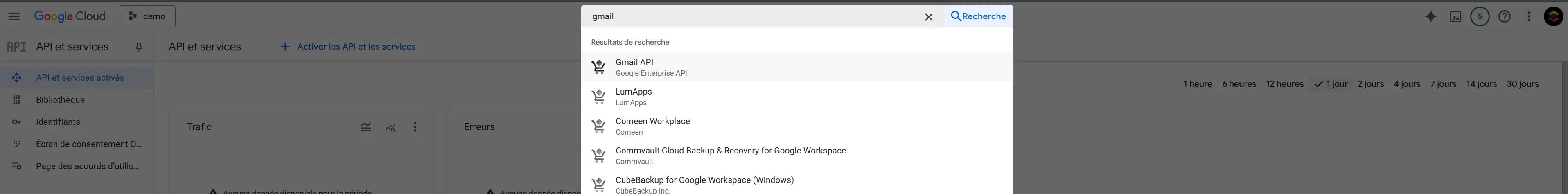 Capture d'écran de la section "API et services" de Google Cloud avec les résultats de recherche pour "gmail" et les options de filtrage.
