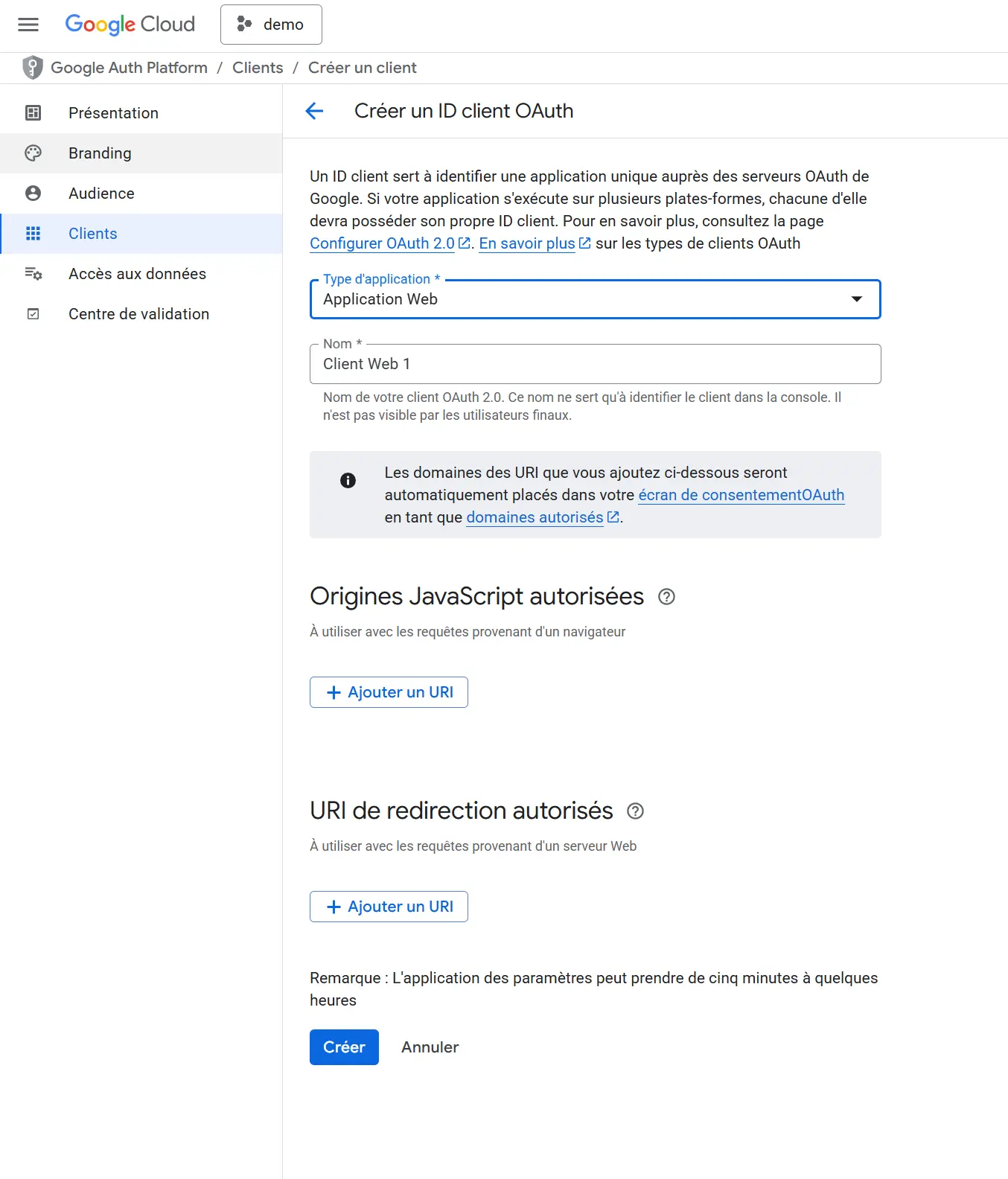 Capture d'écran de la page de création d'un ID client OAuth sur Google Cloud Platform
