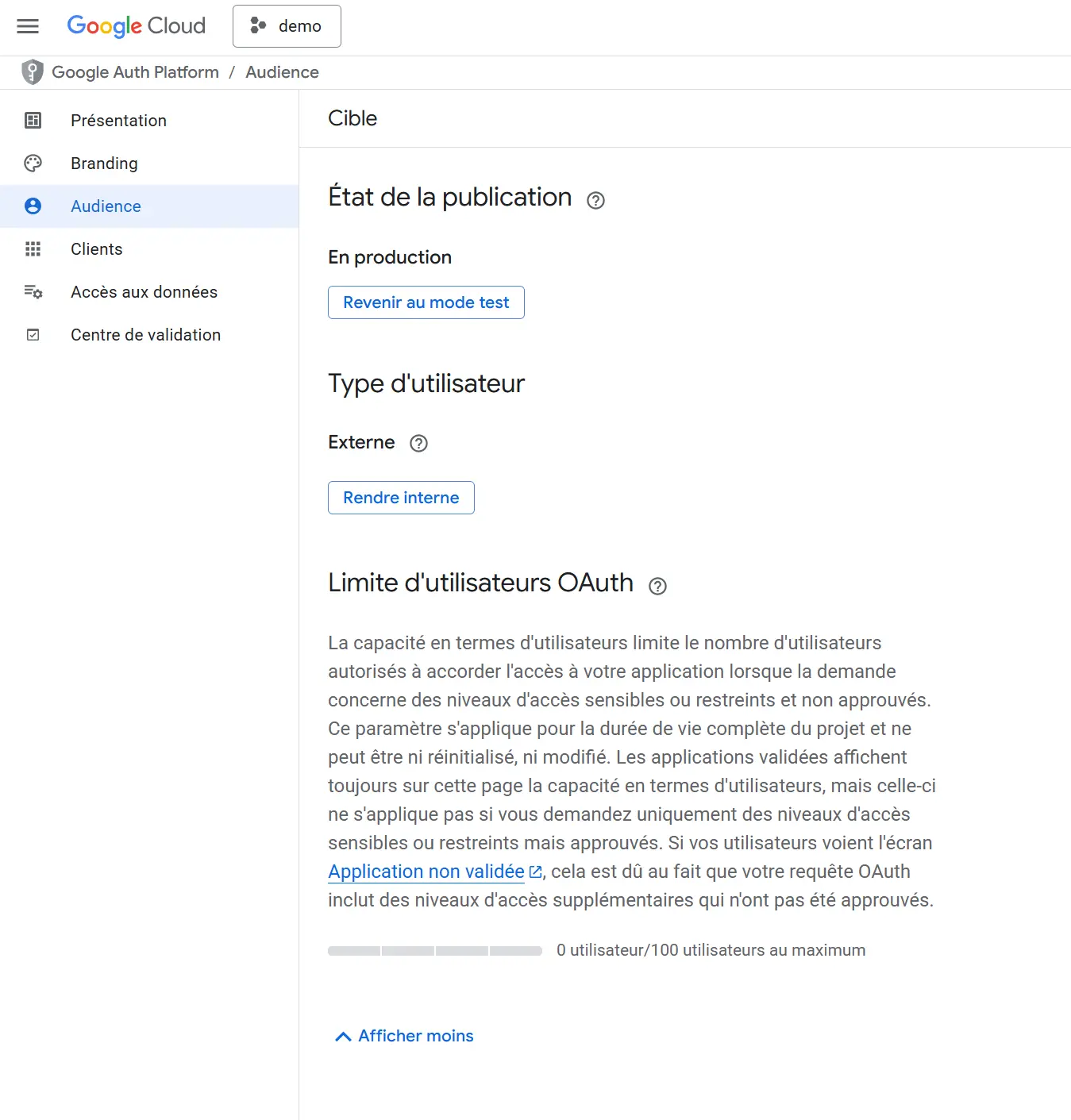 Capture d'écran de la console Google Cloud montrant des détails sur la section "Audience".