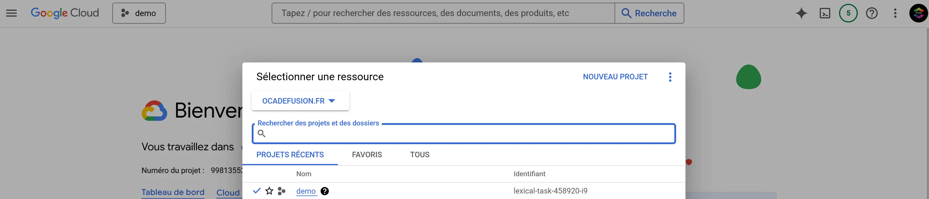 Tableau de bord Google Cloud Platform avec fenêtre contextuelle pour la sélection de projets et de dossiers récents