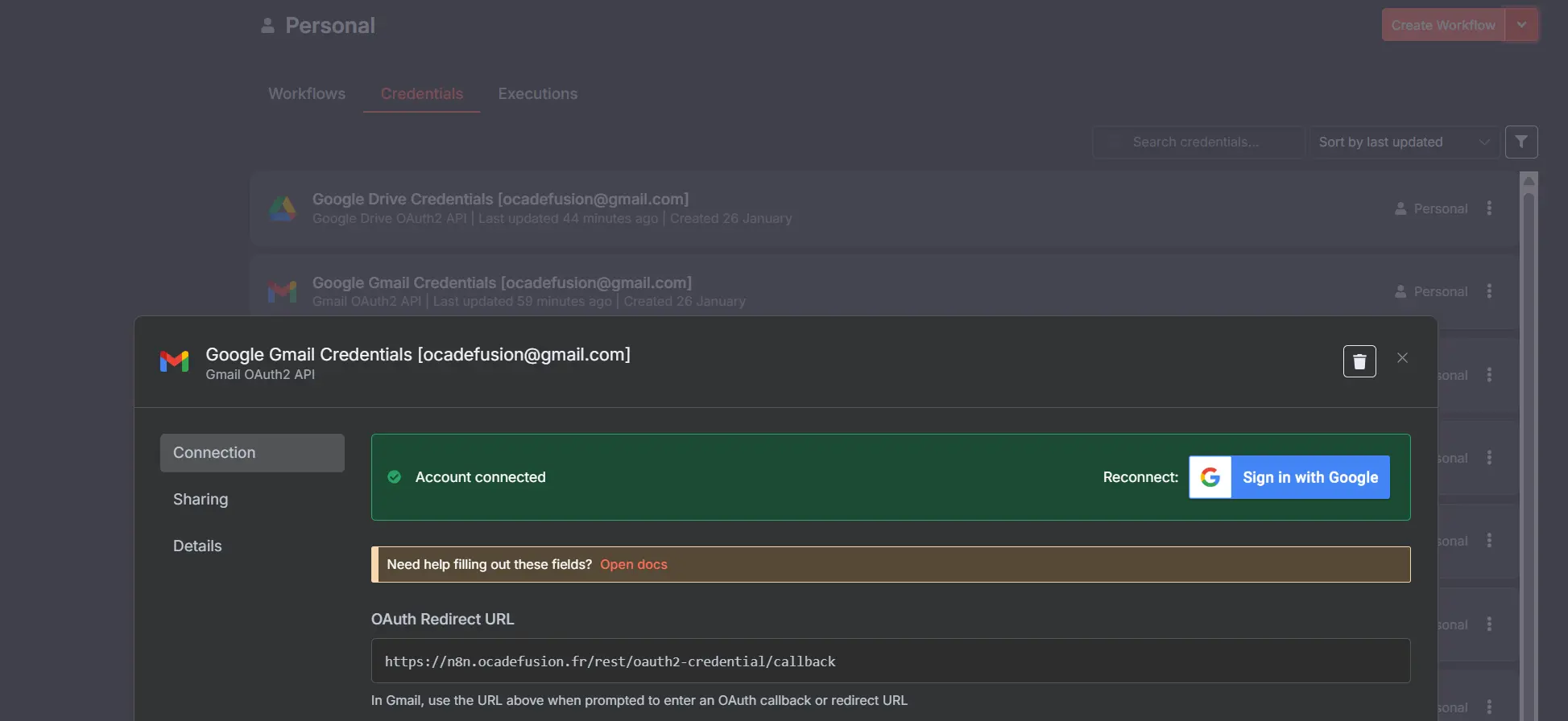 Capture d'écran d'une interface utilisateur pour la gestion des identifiants OAuth2 d'un compte Google Gmail
