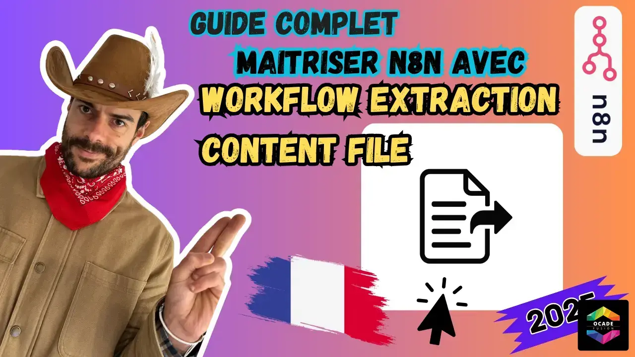 Affiche ou vignette promouvant un guide complet pour maîtriser N8N, un outil d'automatisation de workflows, se concentrant sur l'extraction de workflows et le contenu des fichiers. L'image montre une personne portant un chapeau de cowboy et un foulard rouge, pointant avec ses doigts. Il y a également un drapeau français, indiquant que le guide est probablement en français, et l'année 2025.