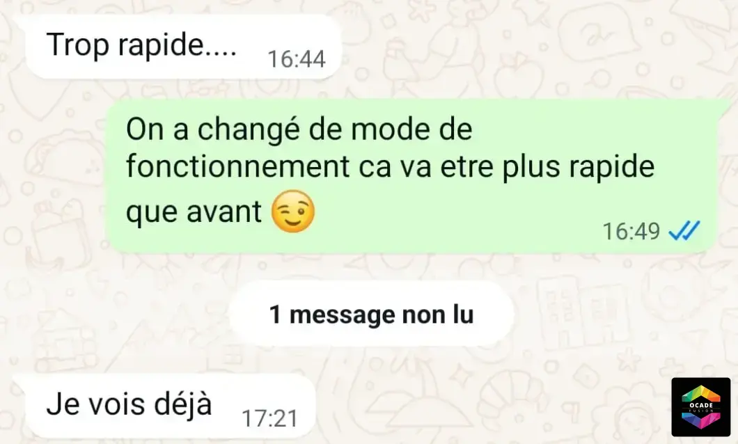 Echange dans l'equipe PH Taxi complimentant la rapidité du workflow N8N