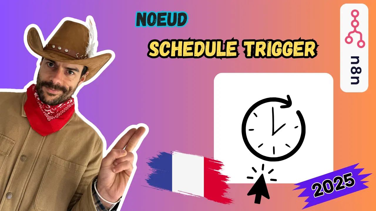 Illustration du nœud Schedule Trigger de n8n avec homme cow-boy et drapeau français