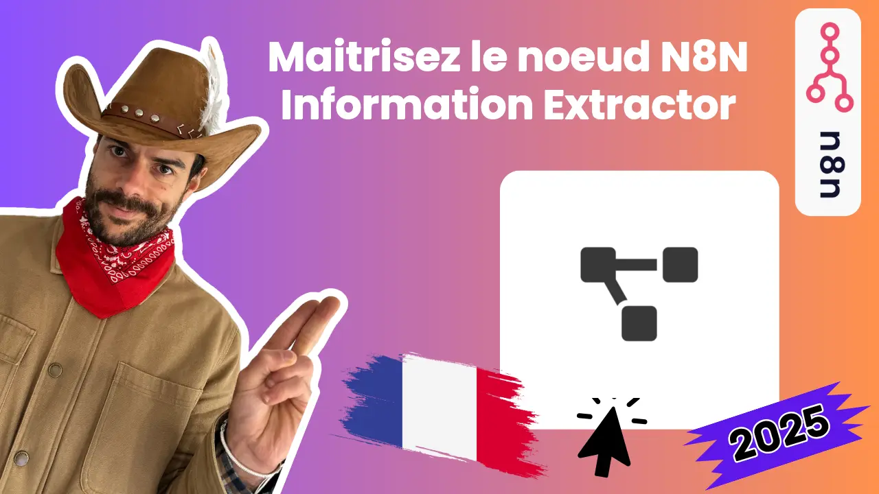 Personne en cowboy pointant devant, icône de graphique N8N, drapeau français, année 2025